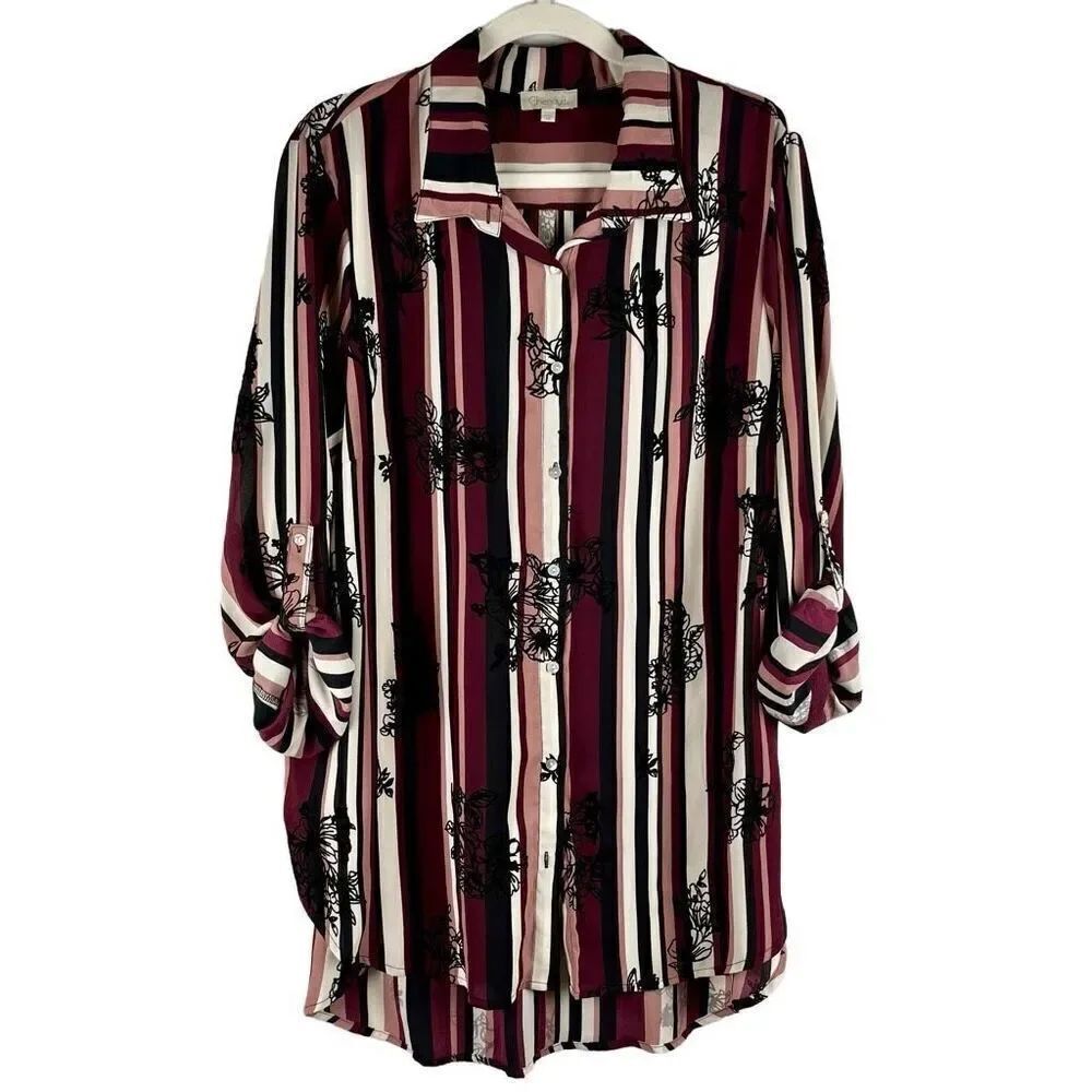 Chenault Women’s Floral Striped Button Down 2X
